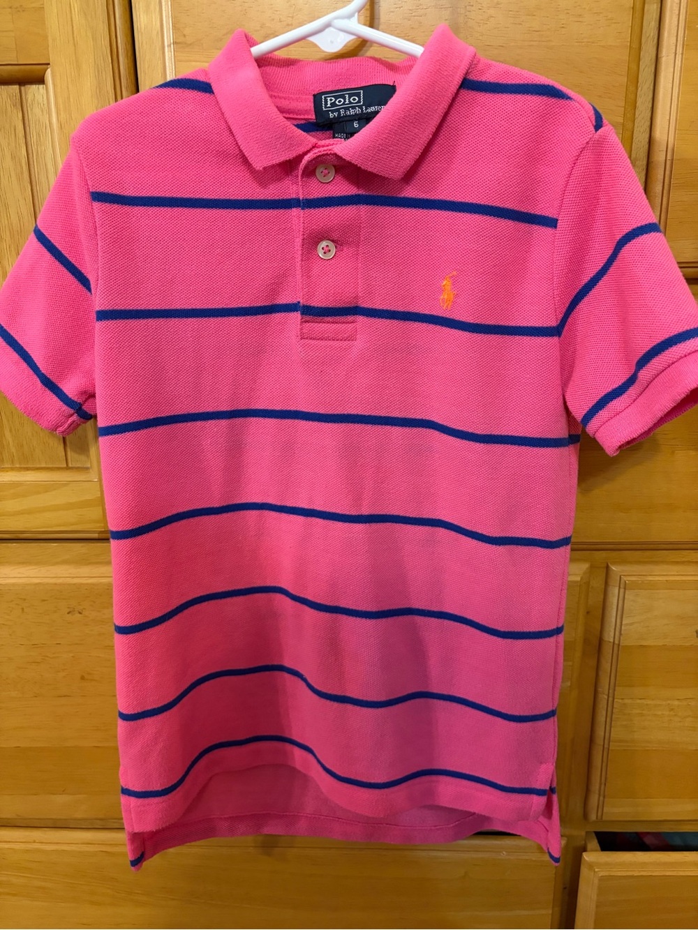 Polo Ralph Lauren Pink and Blue Striped Polo Shirt W/Orange Pony Size 6 Years